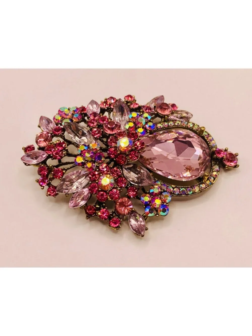 Vintage Style Pink Rhinestone Floral Brooch Pin Aurora Borealis Accents -19B